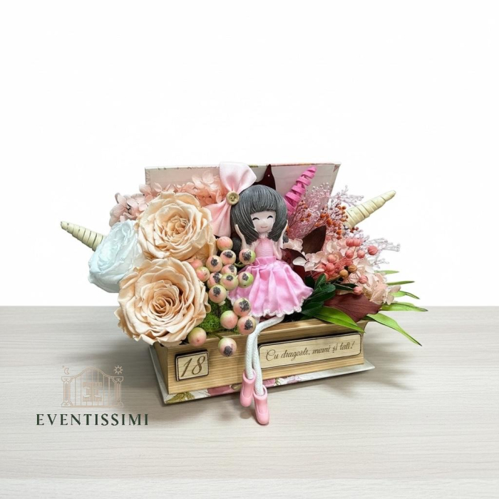 Aranjament flori in carte ,personalizabil ,cu licheni, trandafiri, hortensie si plante naturale criogenate si stabilizate [2]