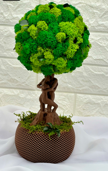 Pomisor cu licheni din muschi naturali stabilizati si plante criogenate cu trunchi statueta indragostiti, mediu (30x15x15 cm), verde / maro [3]