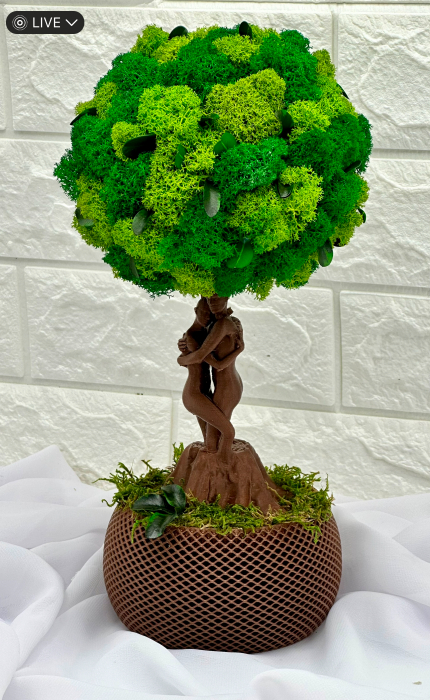 Pomisor cu licheni din muschi naturali stabilizati si plante criogenate cu trunchi statueta indragostiti, mediu (30x15x15 cm), verde / maro [5]