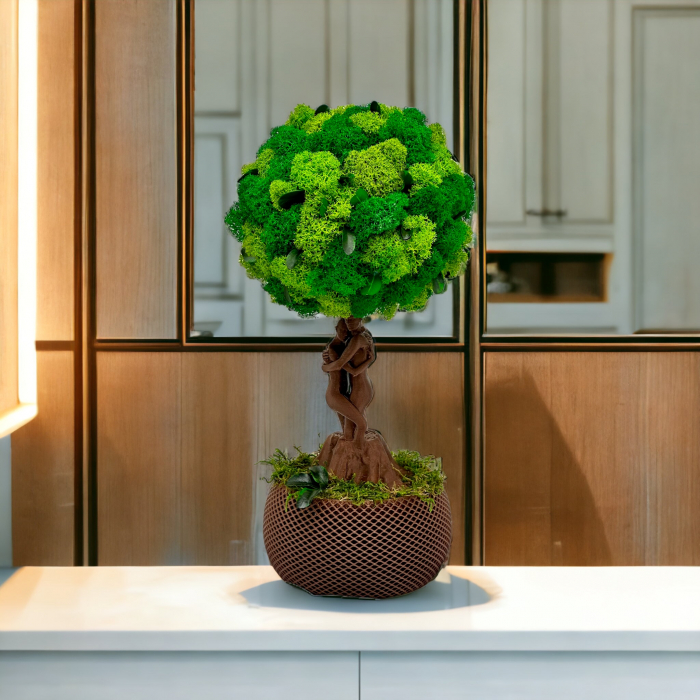 Pomisor cu licheni din muschi naturali stabilizati si plante criogenate cu trunchi statueta indragostiti, mediu (30x15x15 cm), verde / maro [4]