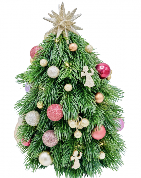 Bradut de Craciun cu globuri, accesorii si instalatie LED (Roz /Auriu) [3]