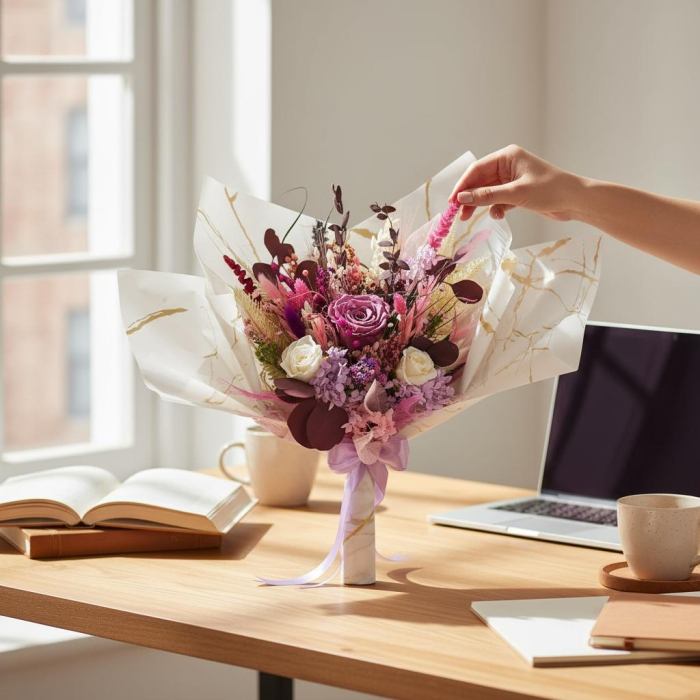 Buchet cu trandafiri, hortensie criogenată si plante stabilizate [2]
