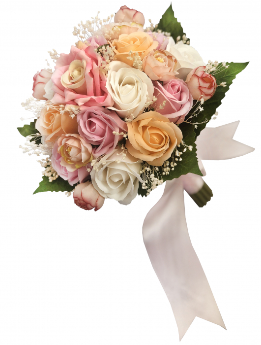 Buchet mediu personalizabil cu trandafiri, mini bujori si floarea miresei (Alb, Roz, Somon) [3]