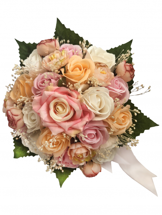 Buchet mediu personalizabil cu trandafiri, mini bujori si floarea miresei (Alb, Roz, Somon) [1]