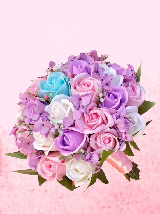 Buchet de Flori EVENTISSIMI - 27 de Trandafiri cu hortensii, Multicolor [2]