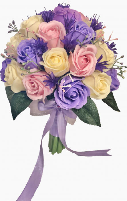 Buchet mare personalizabil cu trandafiri, plante decorative si frunze (Violet, Roz, Crem) [3]