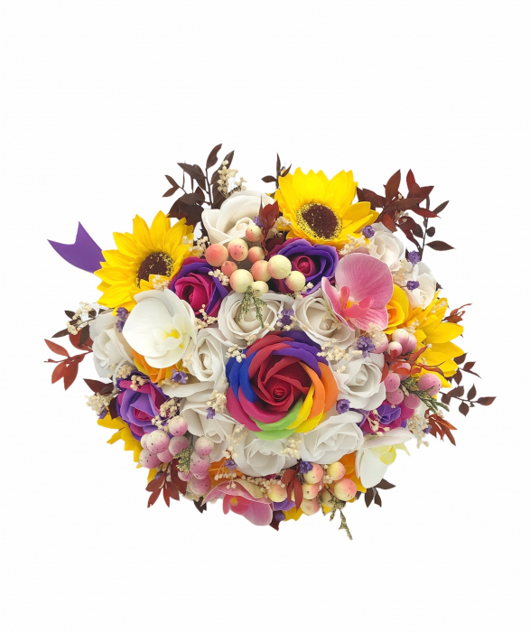 Buchet de flori Eventissimi - Trandafiri, Floarea Soarelui, Orhidee si Plante Uscate, Multicolor [6]