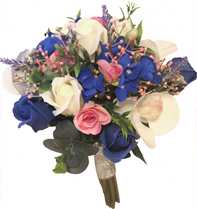 Buchet mediu personalizabil cu trandafiri, orhidee, hortensie si verdeata (Albastru, Alb, Verde) [2]