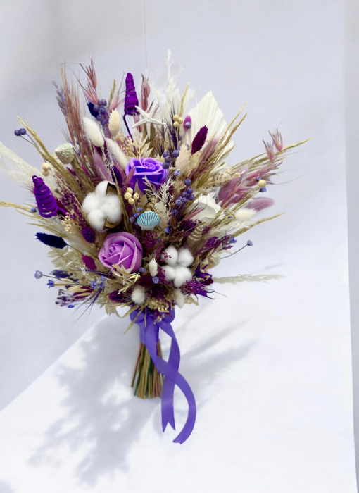 Buchet evantai cu mix de flori naturale uscate, trandafiri si bumbac , alb-mov, ideal pentru nasa, cununie civila sau cadou [4]