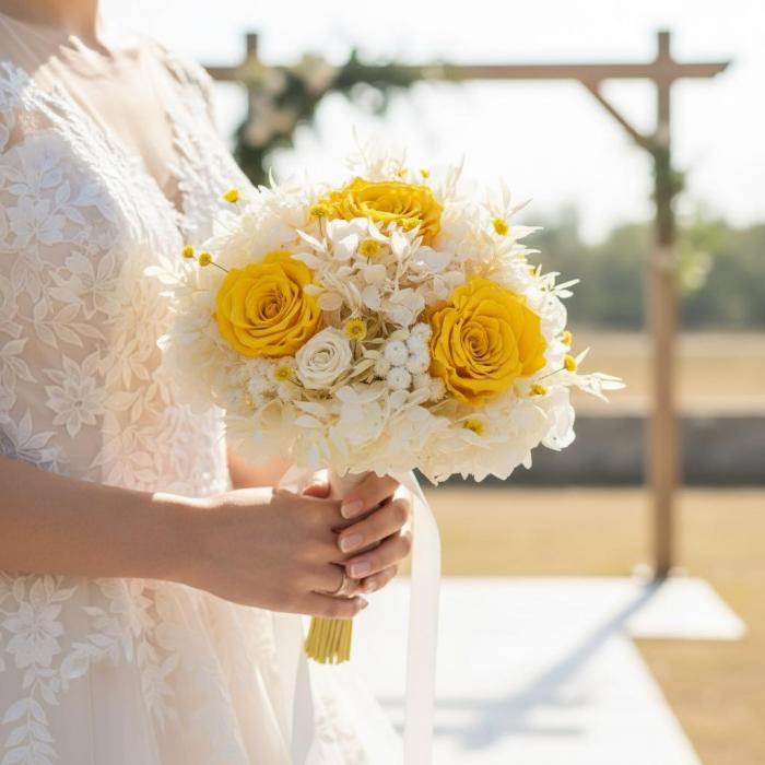 Buchet flori criogenate cu trandafiri, hortensie, plante stabilizate delicate, alb-galben, ideal pentru nunta sau cadou [3]
