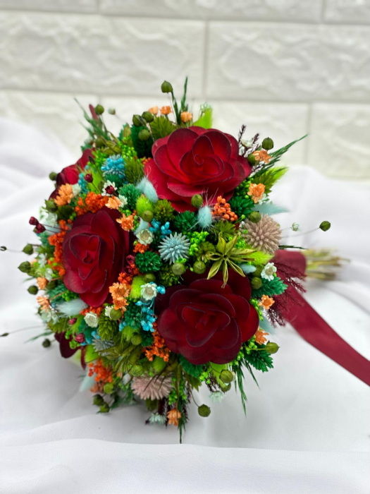 Buchet flori de camp , personalizabil, ideal pentru cununie civilă, nuntă, mireasă, nasa  sau cadou, verde-grena [2]