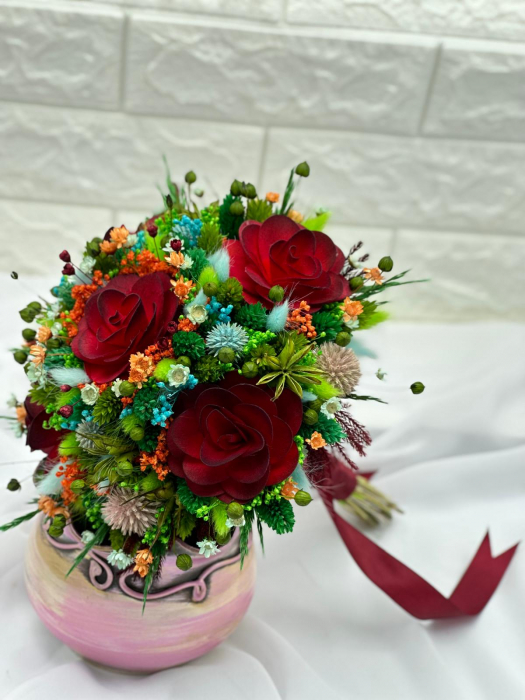 Buchet flori de camp , personalizabil, ideal pentru cununie civilă, nuntă, mireasă, nasa  sau cadou, verde-grena [4]