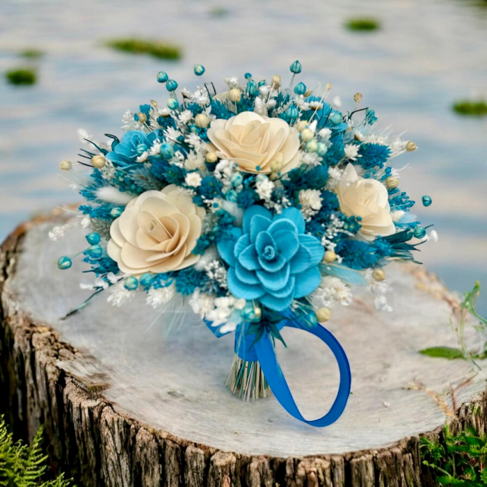 Buchet flori de camp , personalizabil, ideal pentru cununie civilă, nuntă, mireasă, nasa  sau cadou, alb-blue [3]