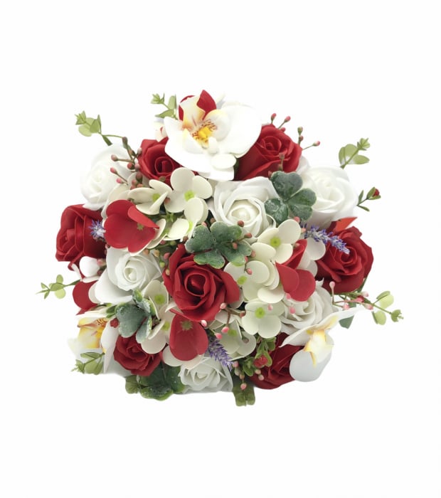 Buchet mediu personalizabil cu trandafiri, hortensii si orhidee (Alb, Rosu) [5]
