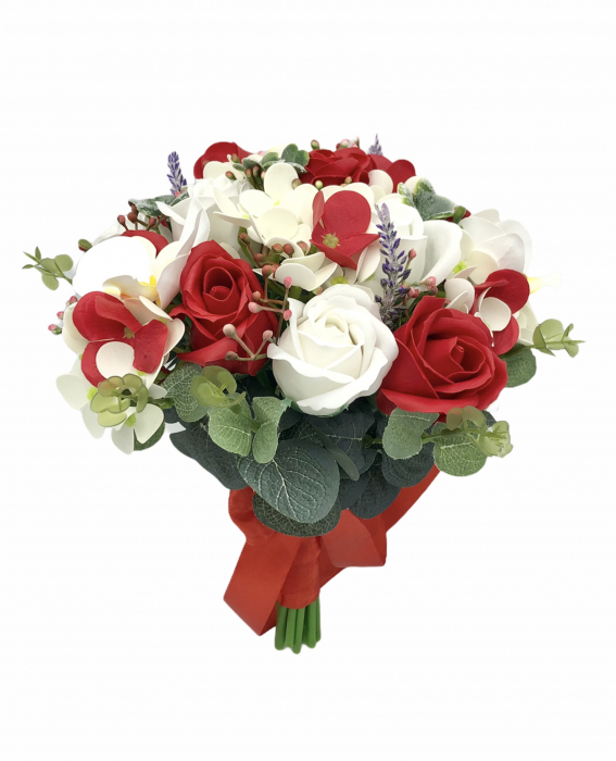 Buchet mediu personalizabil cu trandafiri, hortensii si orhidee (Alb, Rosu) [1]