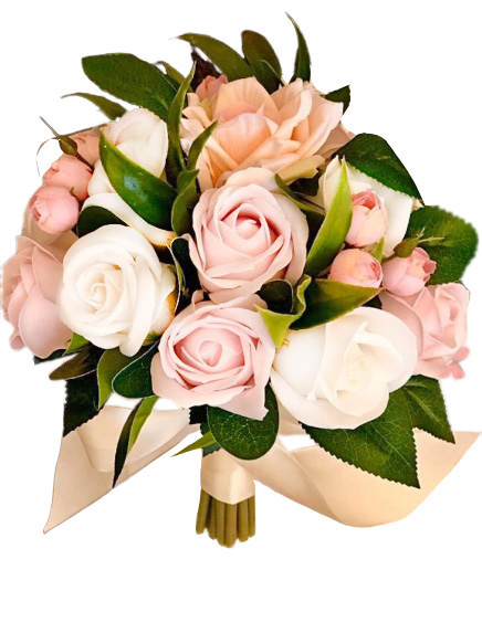 Buchet mediu personalizabil cu trandafiri si frunze (Alb, roz) [1]