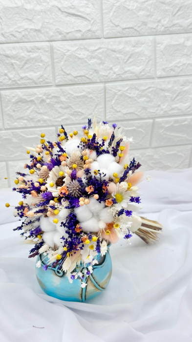 Buchet flori de camp , personalizabil, ideal pentru cununie civilă, nuntă, mireasă, nasa  sau cadou, alb-mov-galben [2]