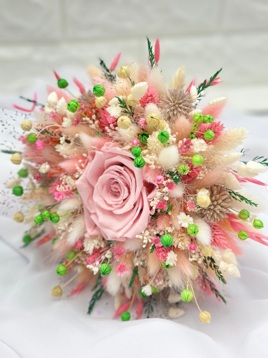 Buchet flori naturale uscate și trandafir criogenat XL, personalizabil, ideal pentru cununie civilă, nuntă, mireasă sau cadou, alb-roz [3]