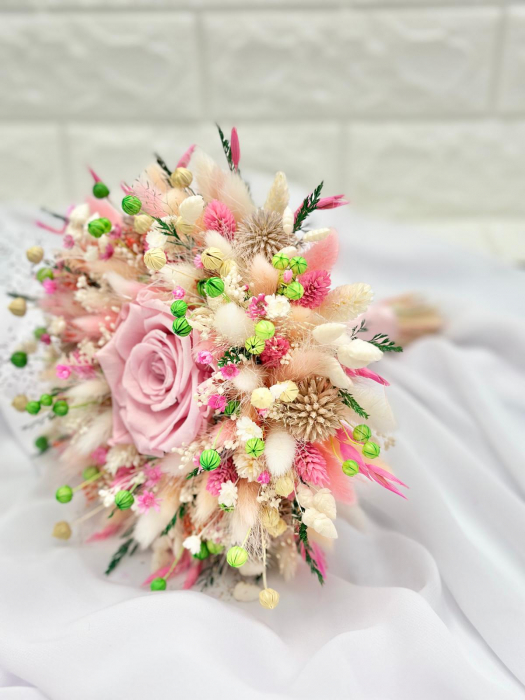 Buchet flori naturale uscate și trandafir criogenat XL, personalizabil, ideal pentru cununie civilă, nuntă, mireasă sau cadou, alb-roz [2]
