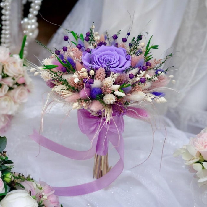 Buchet flori naturale uscate și trandafir criogenat XL, personalizabil, ideal pentru cununie civilă, nuntă, mireasă sau cadou [2]