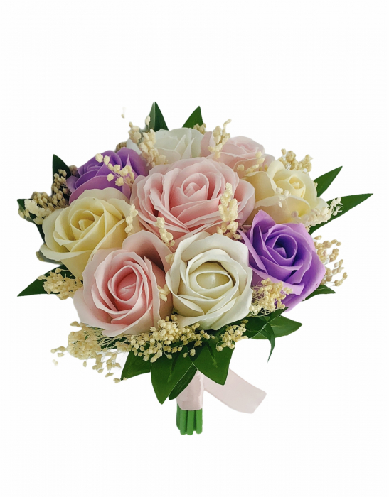 Buchet mic personalizabil cu trandafiri si floarea miresei (Roz, Multicolor) [5]