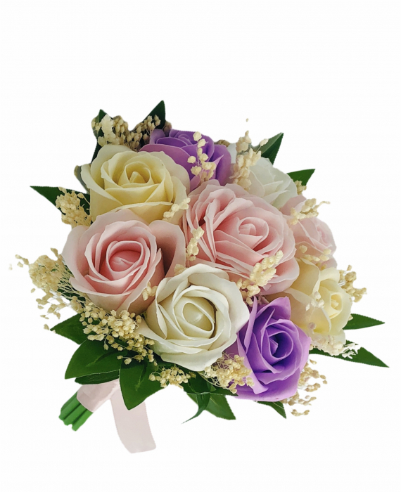 Buchet mic personalizabil cu trandafiri si floarea miresei (Roz, Multicolor) [3]