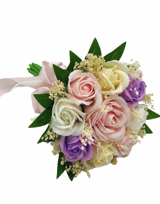 Buchet mic personalizabil cu trandafiri si floarea miresei (Roz, Multicolor) [4]