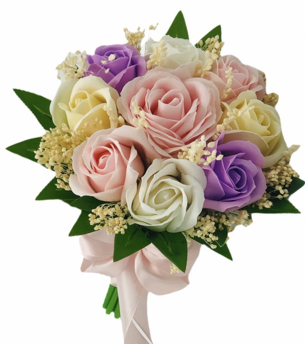 Buchet mic personalizabil cu trandafiri si floarea miresei (Roz, Multicolor) [2]