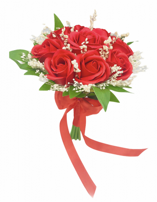 Buchet mic personalizabil cu trandafiri si floarea miresei (Rosu) [2]