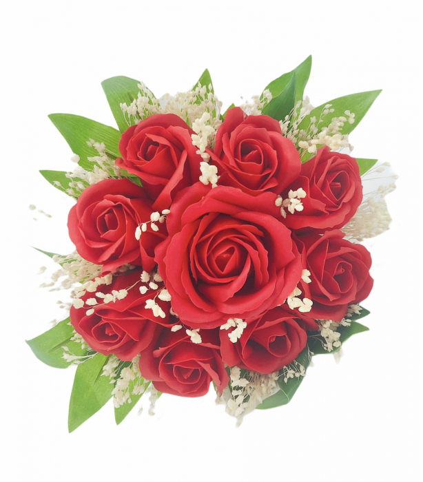 Buchet mic personalizabil cu trandafiri si floarea miresei (Rosu) [3]