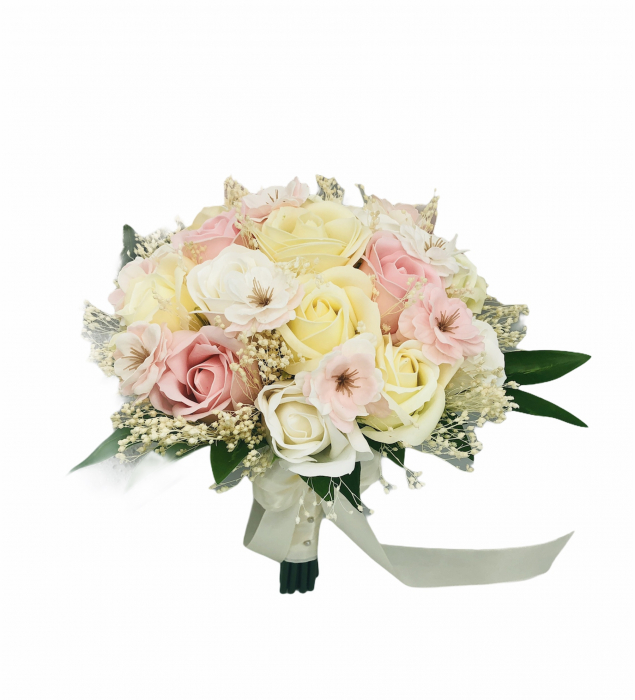 Buchet mediu personalizabil cu trandafiri, flori de cires si floarea miresei (Alb, Roz, Crem) [1]