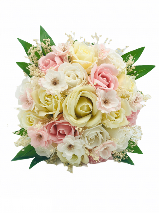 Buchet mediu personalizabil cu trandafiri, flori de cires si floarea miresei (Alb, Roz, Crem) [2]