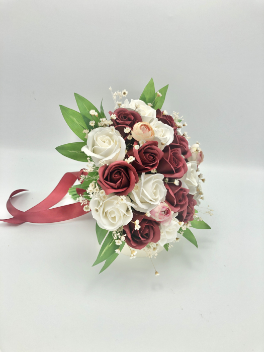Buchet flori personalizabil, Eventissimi, Trandafiri, Glixia si Floarea Miresei, Alb / Visiniu [5]