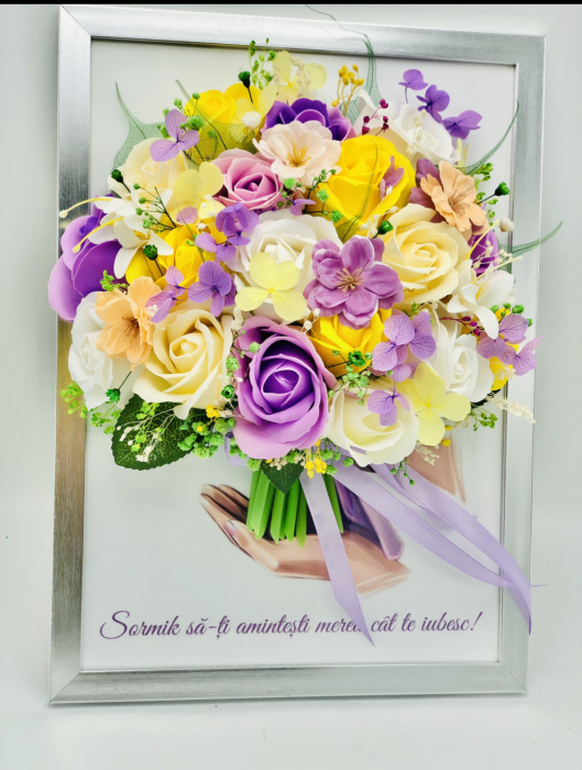 Buchet in rama personalizabil cu trandafiri si flori de cires 20 cm x 29 cm (multicolor) [2]