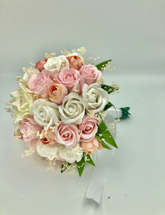 Buchet mare personalizabil cu trandafiri, bujori si flante naturale uscate (Alb, Roz) [4]