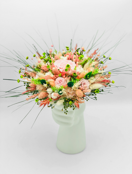 Buchet mare personalizabil cu trandafiri criogenati si flori naturale uscate si criogenate, (Roz / Verde) [3]