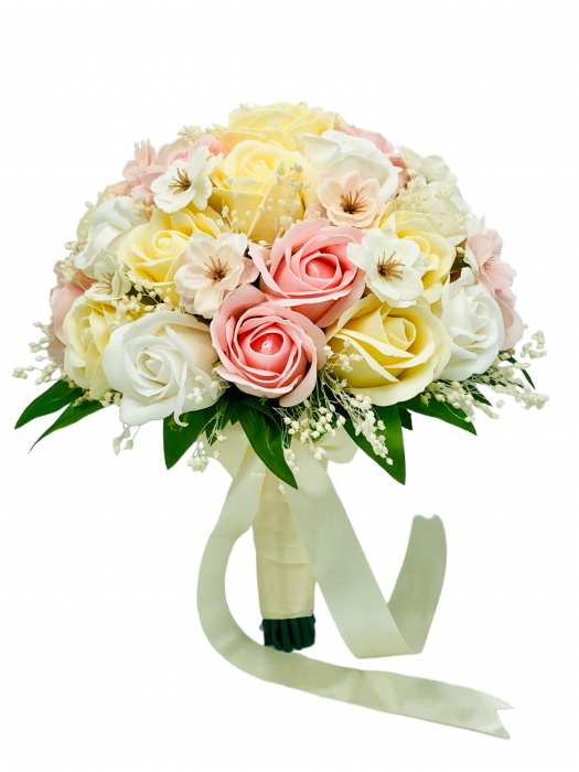 Buchet mare personalizabil cu trandafiri, flori de cires si floarea miresei (Alb, Multicolor) [2]