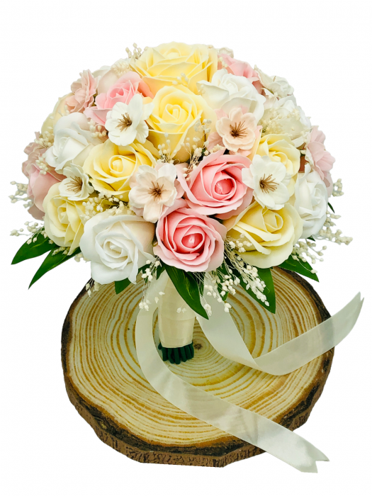 Buchet mare personalizabil cu trandafiri, flori de cires si floarea miresei (Alb, Multicolor) [3]