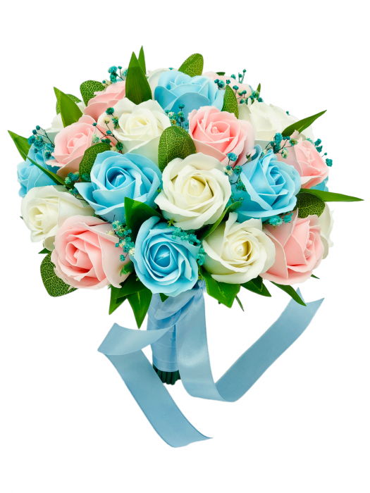 Buchet mare personalizabil cu trandafiri, Gypsophila si frunze (Bleu, Multicolor) [2]