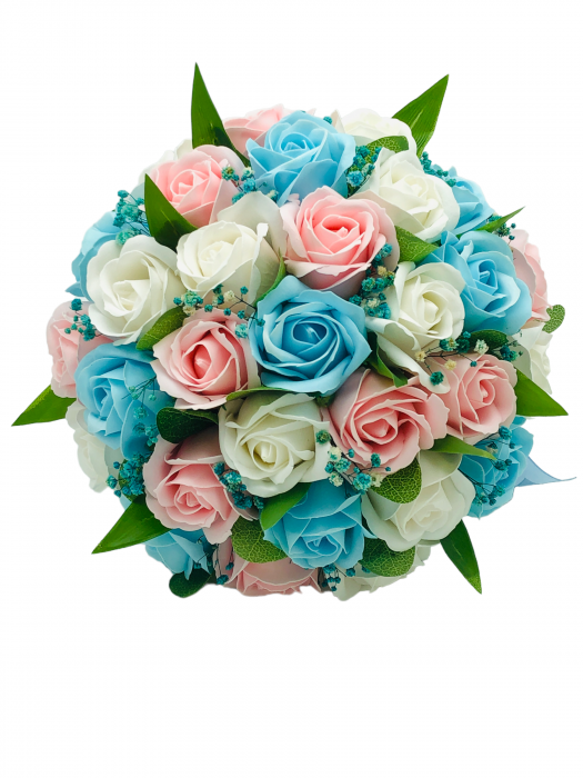 Buchet mare personalizabil cu trandafiri, Gypsophila si frunze (Bleu, Multicolor) [3]