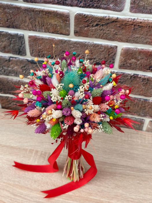 Buchet cu mix de flori naturale uscate, multicolor, ideal pentru nasa, cununie civila sau cadou [3]