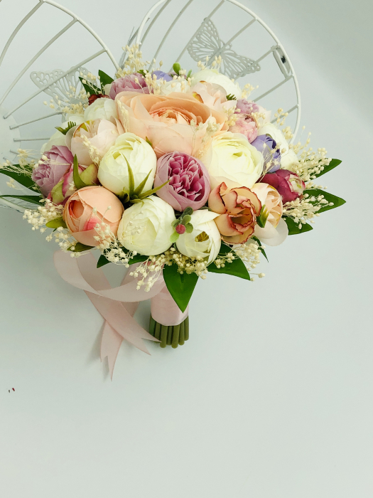 Buchet mediu personalizabil cu bujori si floarea miresei (Multicolor) [3]