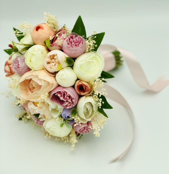 Buchet mediu personalizabil cu bujori si floarea miresei (Multicolor) [2]