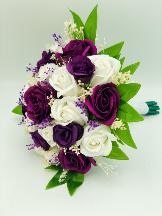 Buchet mediu personalizabil cu trandafiri si floarea miresei (Violet, Alb) [3]
