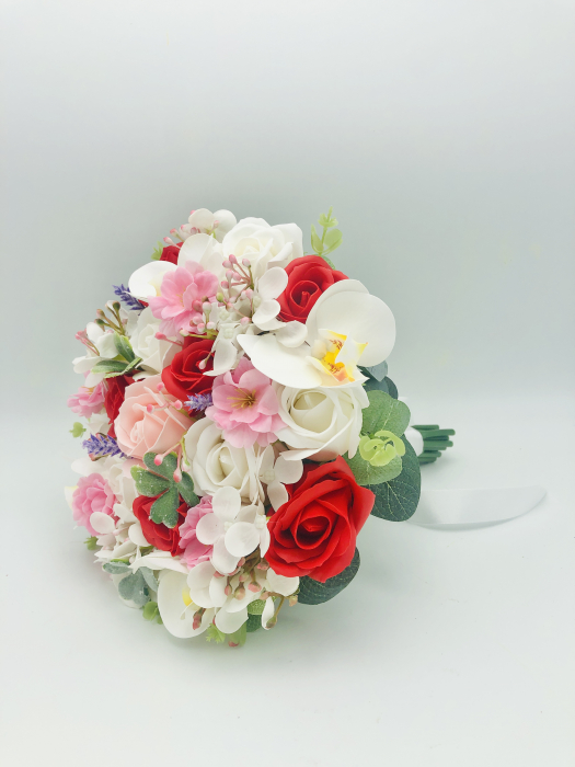 Buchet mediu personalizabil cu trandafiri, orhidee, hortensie si verdeata (Alb, Rosu, Roz) [2]