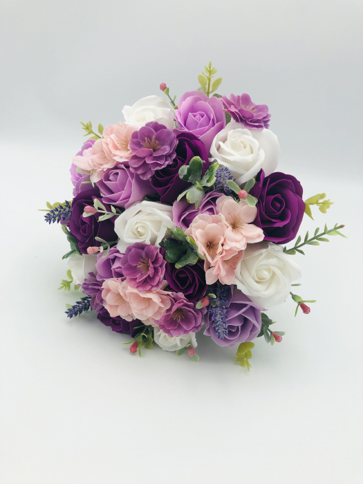 Buchet mediu personalizabil cu trandafiri, orhidee, hortensie si verdeata (Violet, Alb, Roz) [3]