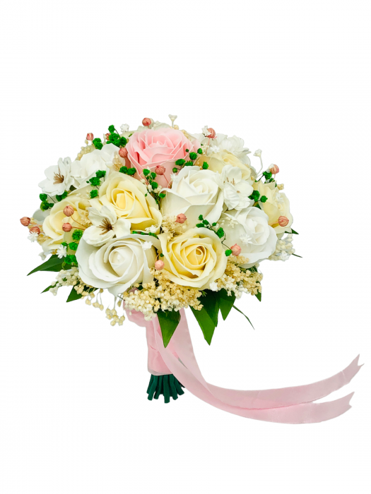 Buchet mediu personalizabil cu trandafiri si cires de sapun si plante naturale uscate (Alb, Crem, Roz) [2]