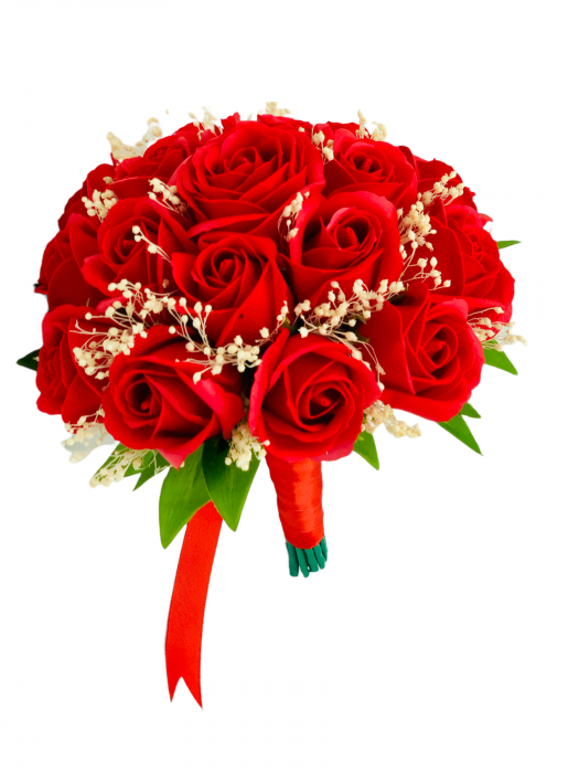 Buchet mediu personalizabil cu trandafiri si floarea miresei (Rosu) [2]