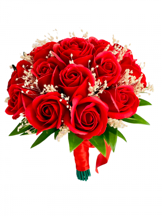 Buchet mediu personalizabil cu trandafiri si floarea miresei (Rosu) [1]