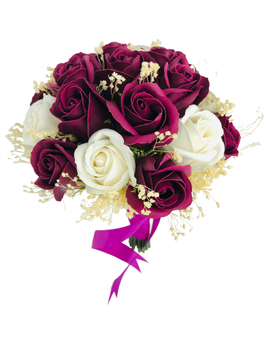 Buchet mediu personalizabil cu trandafiri si floarea miresei (Violet, Alb) [1]